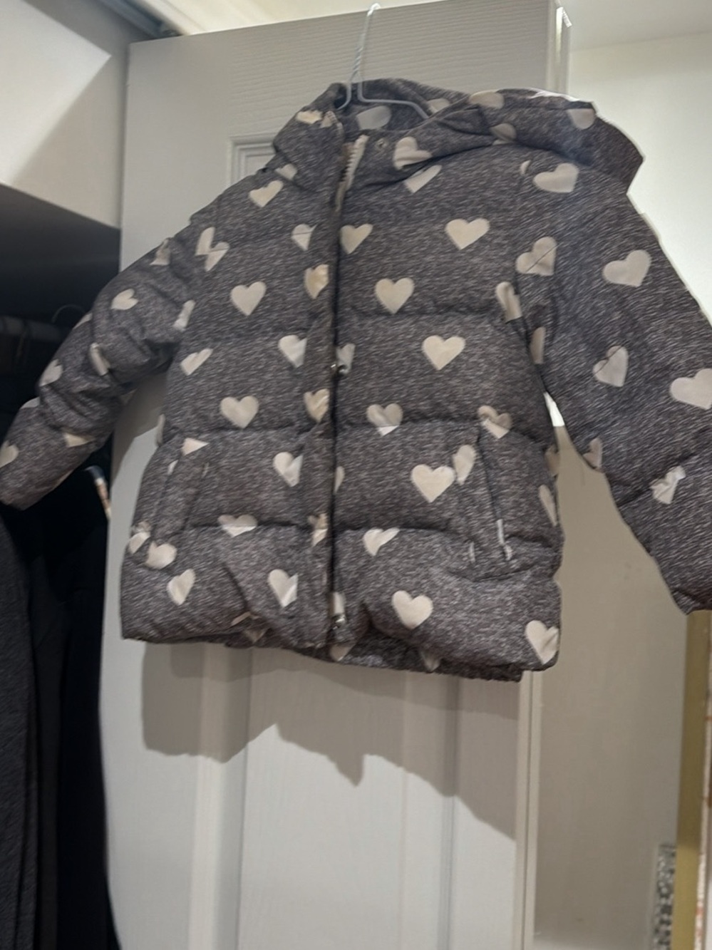 GAP Gray Puffer Jacket with White Heart Pattern